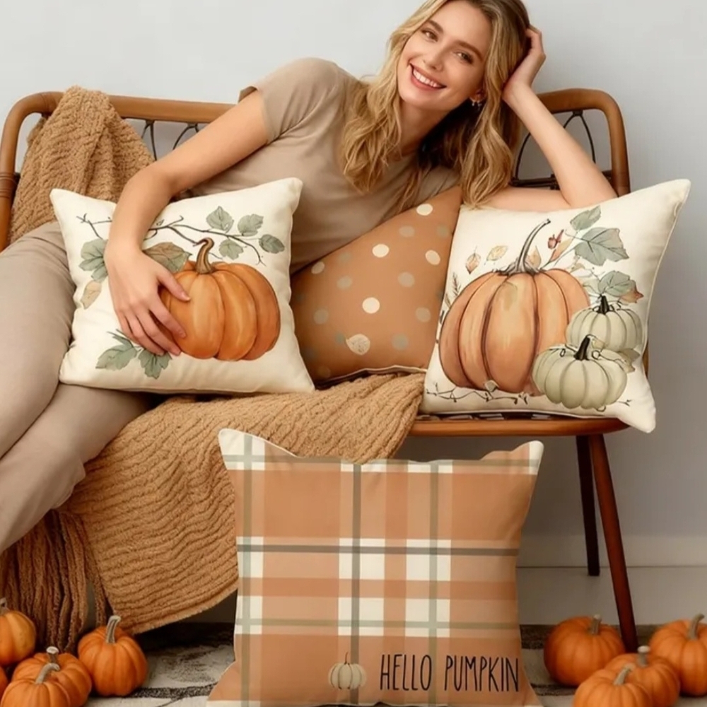 Set of 4 Fall Pumpkin Throw Pillows Covers - Picture 2 of 4